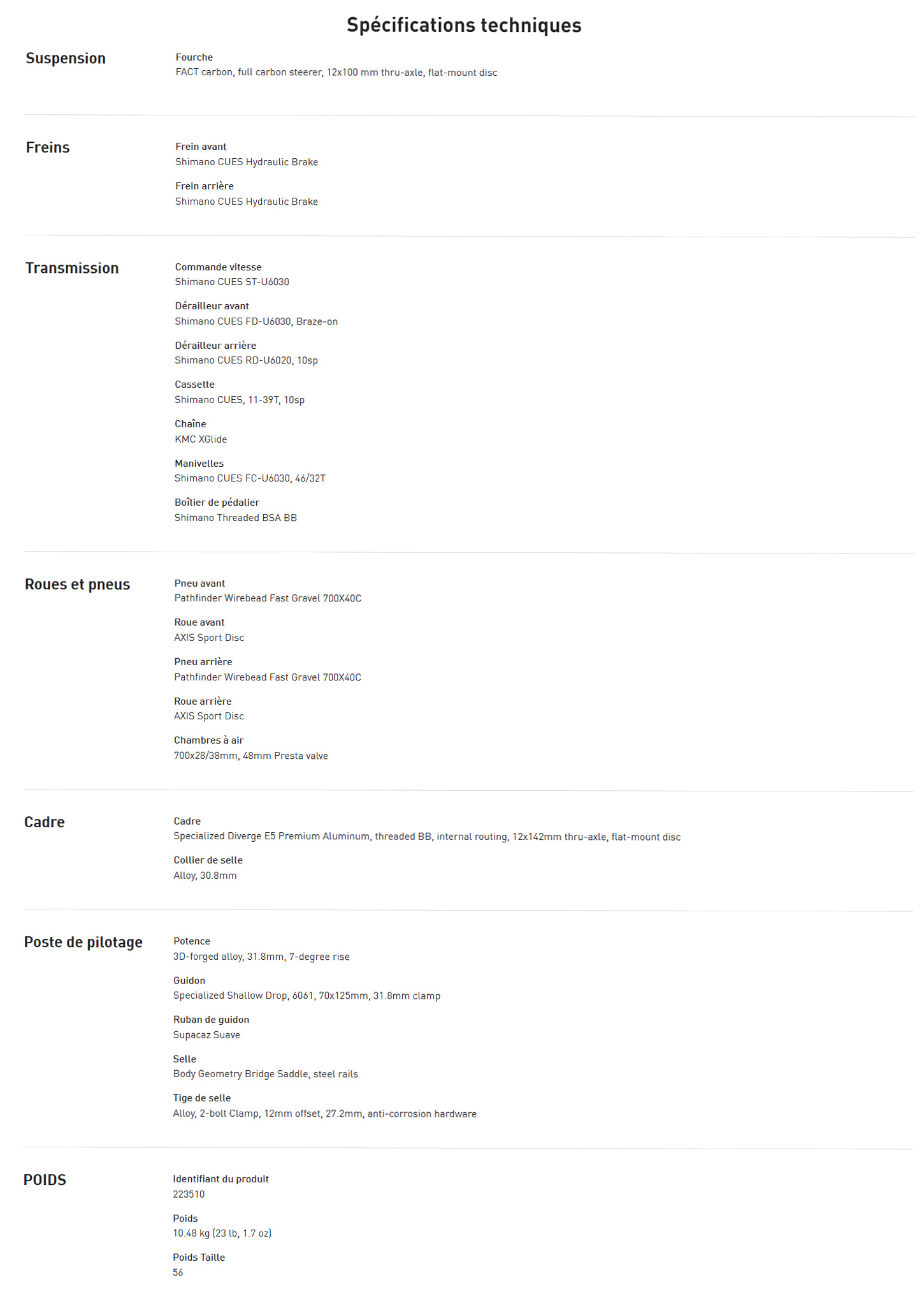 Fiche technique du vélo Diverge 3 Alloy année 2026